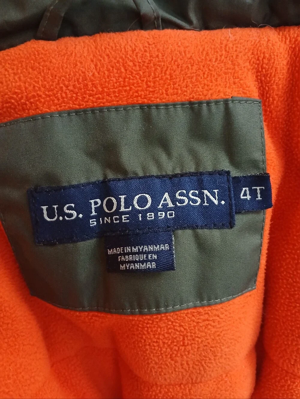 U.S. Polo Assn. Olive Green Puffer Jacket with Orange Accents